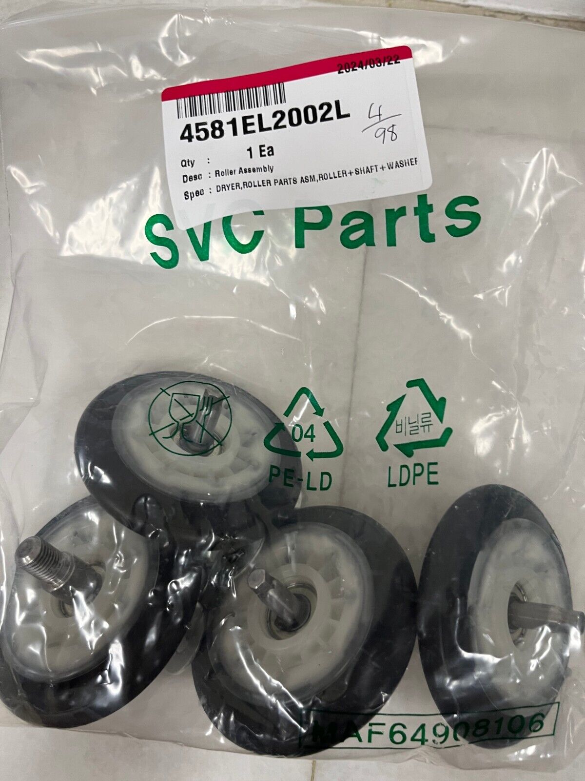 4581EL2002L LG Dryer Roller Assembly, 4 Pack